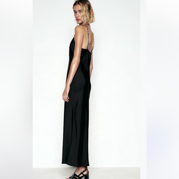Elegant NWT Zara Satin Slip Black Midi Dress with Beaded Shoulder Straps Size S - Picture 4 of 15